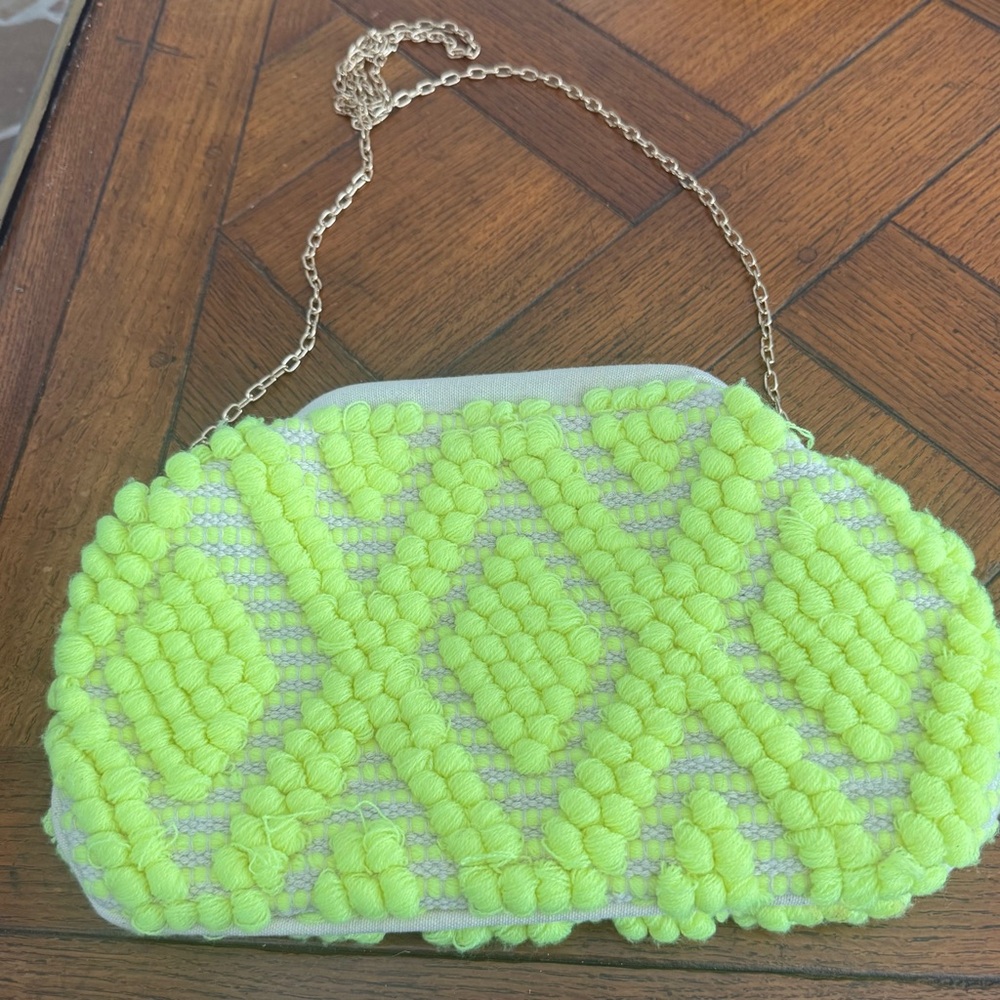 Natasha Couture Neon Yellow/Lime Textured Knit Pom-Pom Clutch Bag